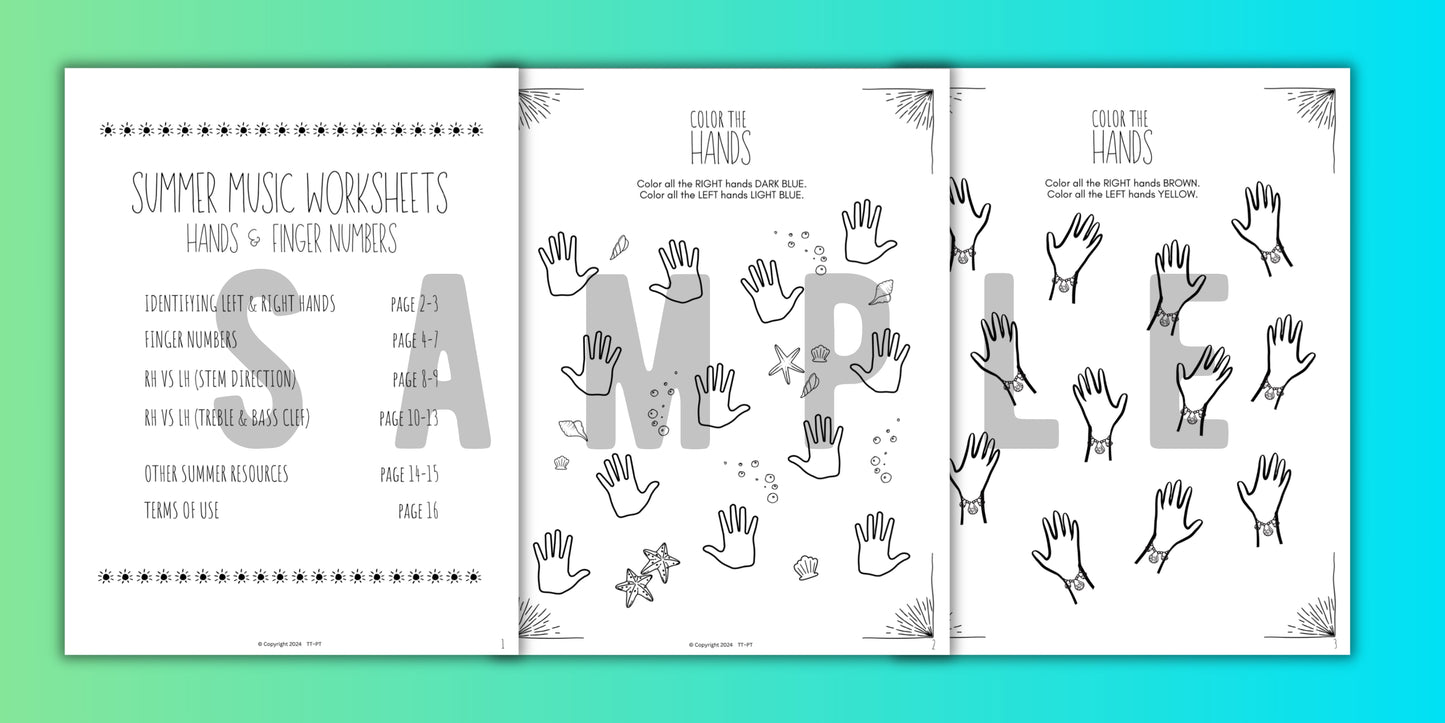 Summer FINGER NUMBERS Music Worksheets