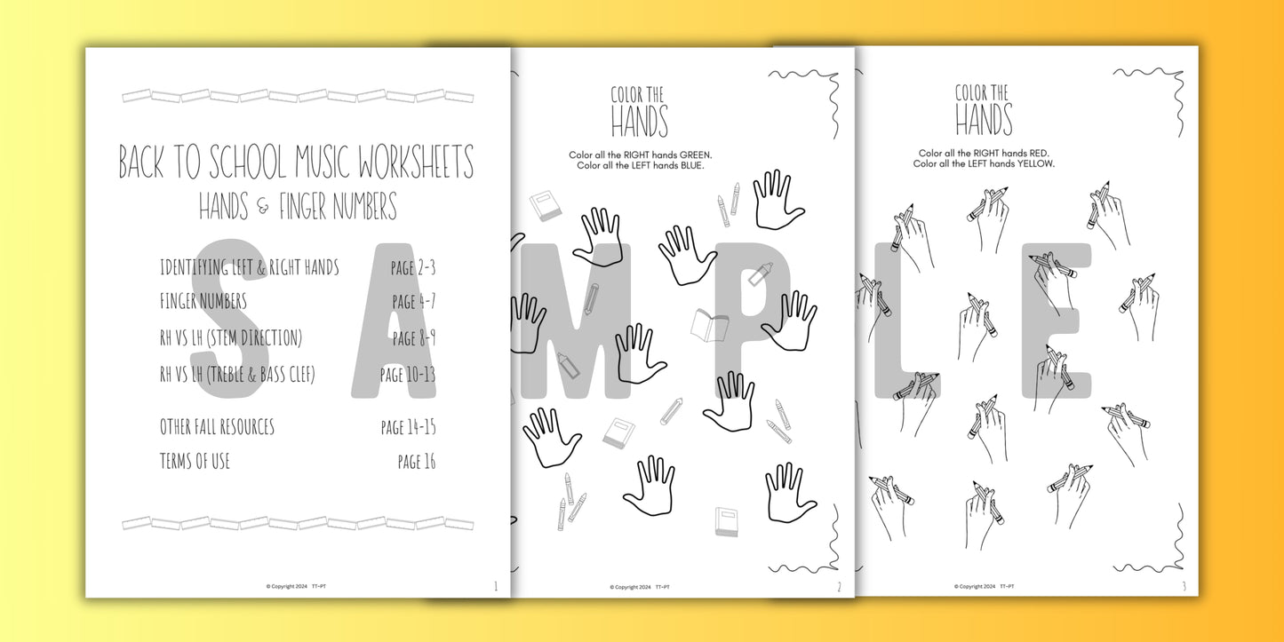 Back to School FINGER NUMBERS Music Worksheets
