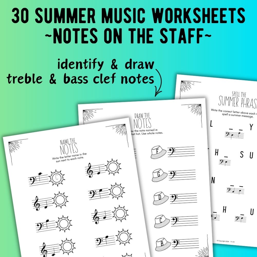 Summer NOTE NAMING Music Worksheets