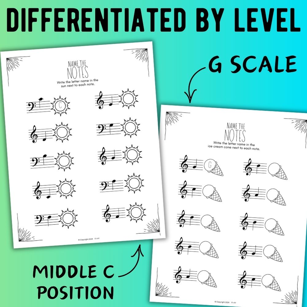 Summer NOTE NAMING Music Worksheets