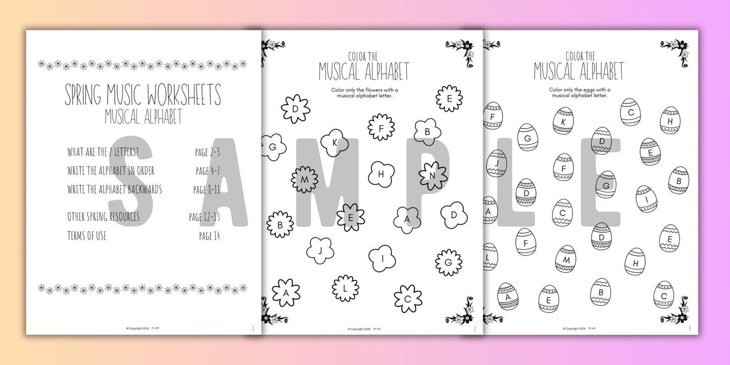 Spring MUSICAL ALPHABET Music Worksheets