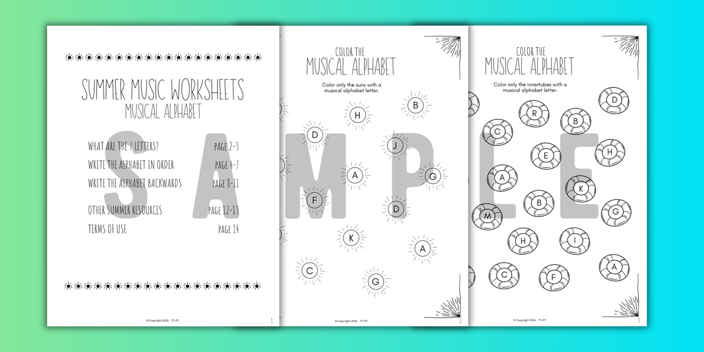 Summer MUSICAL ALPHABET Music Worksheets