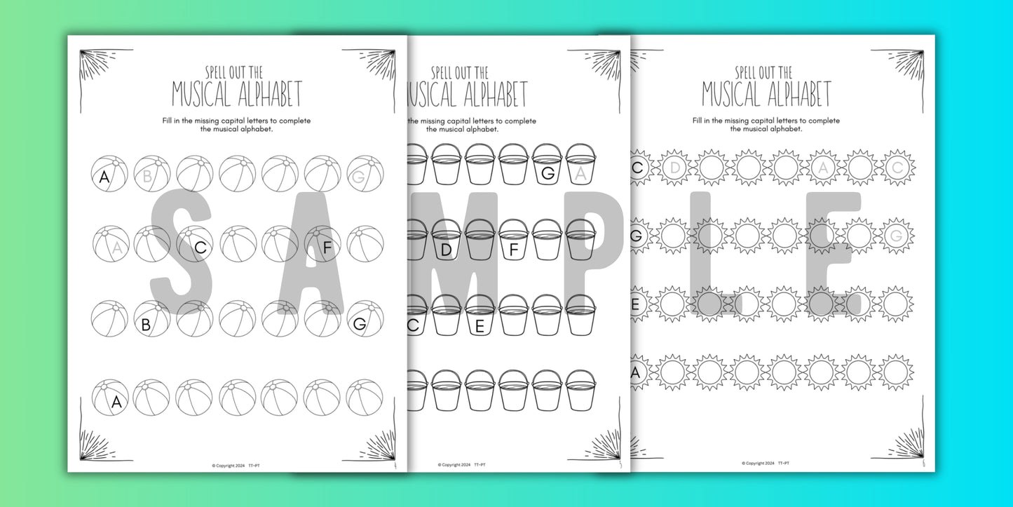 Summer MUSICAL ALPHABET Music Worksheets