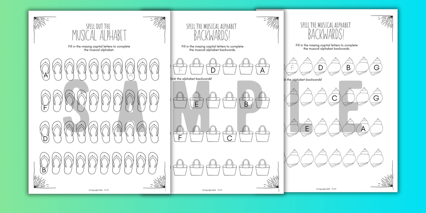Summer MUSICAL ALPHABET Music Worksheets