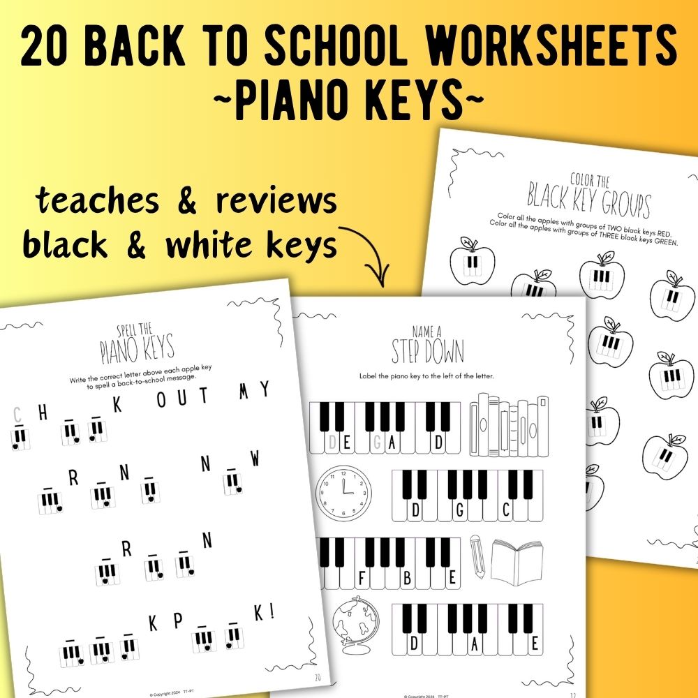 Back to School PIANO KEYS Music Worksheets