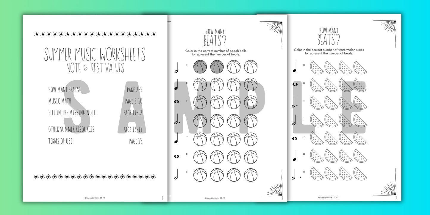 Summer MUSIC MATH Music Worksheets