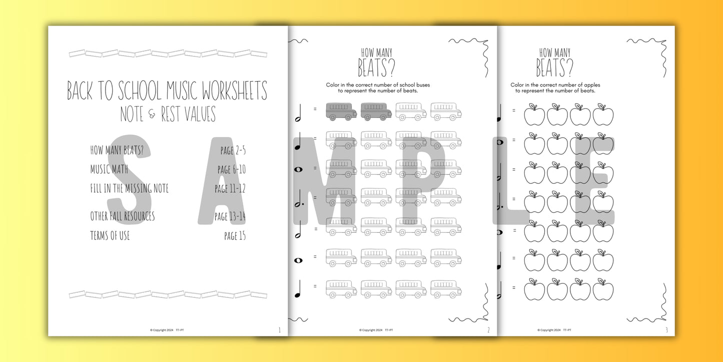 Back to School MUSIC MATH Music Worksheets