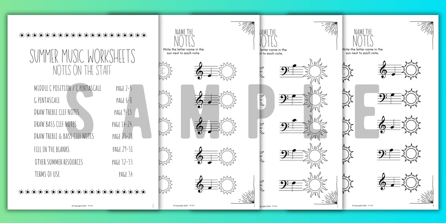 Summer NOTE NAMING Music Worksheets