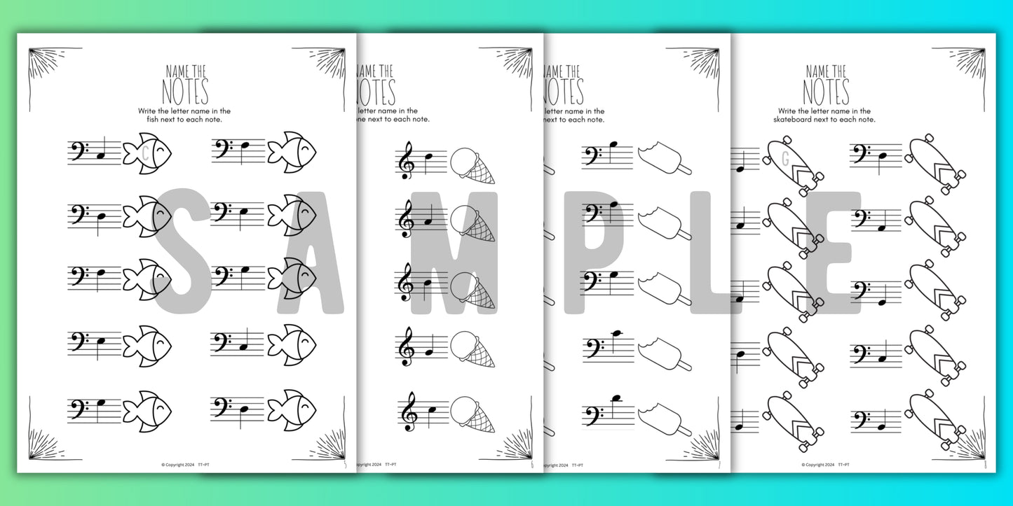 Summer NOTE NAMING Music Worksheets