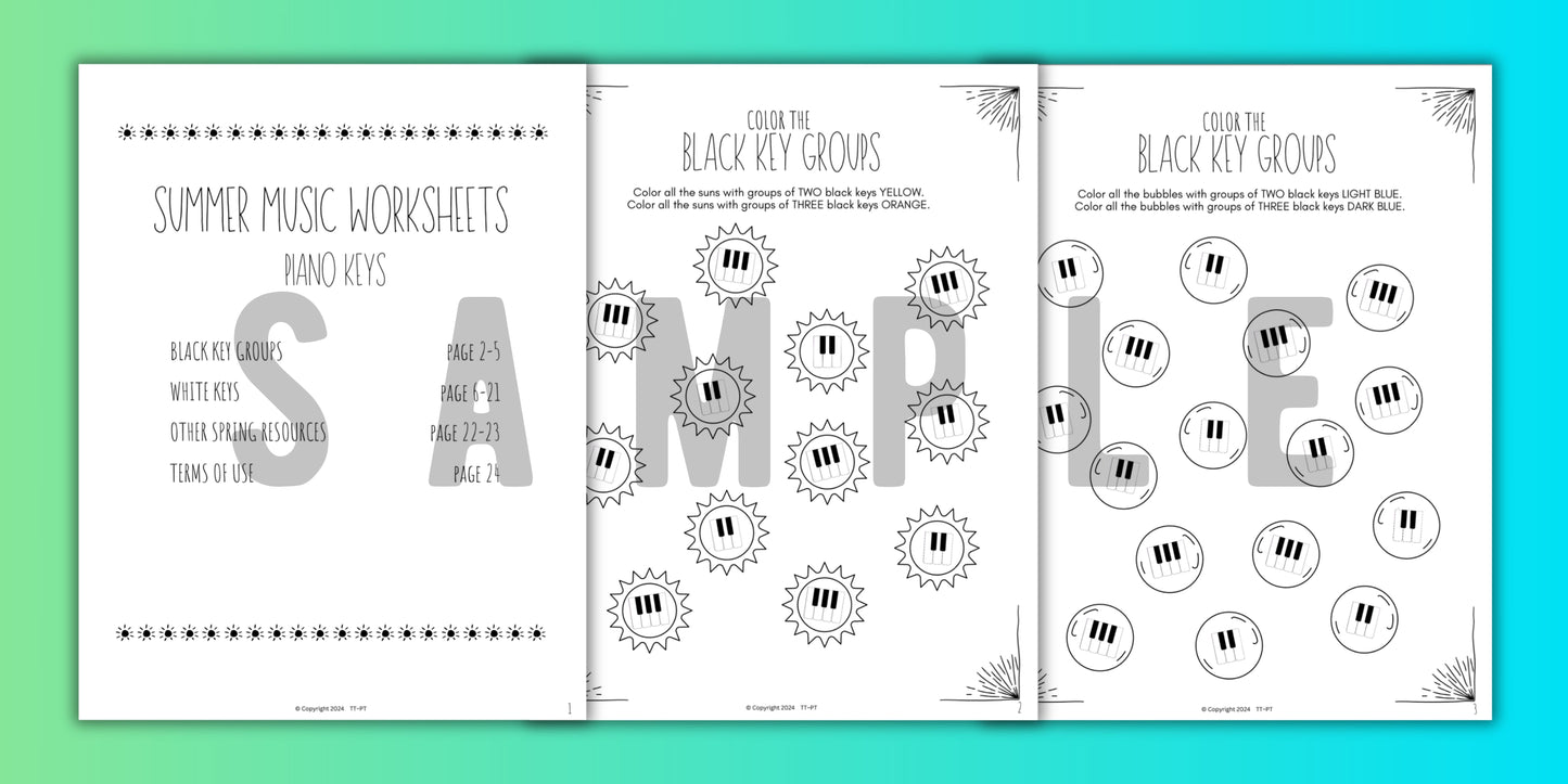 Summer PIANO KEYS Music Worksheets