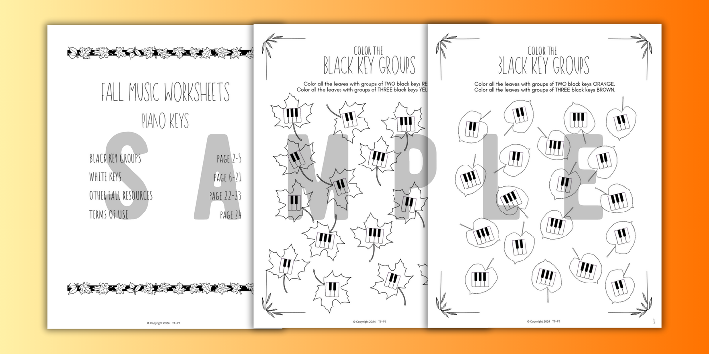Fall PIANO KEYS Music Worksheets