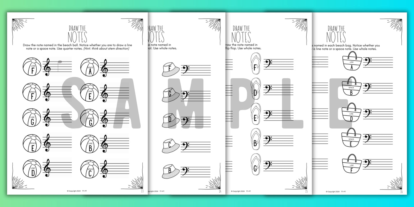 Summer NOTE NAMING Music Worksheets