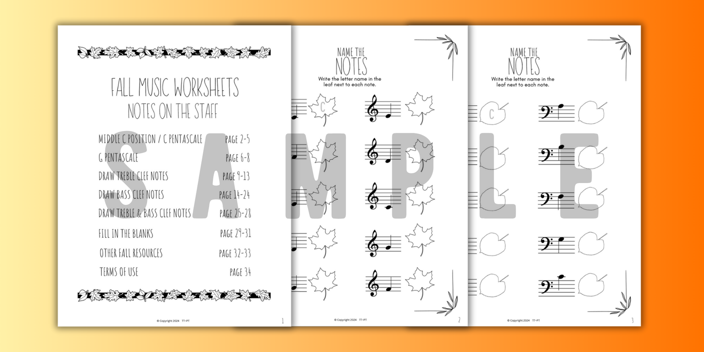 Fall NOTE NAMING Music Worksheets