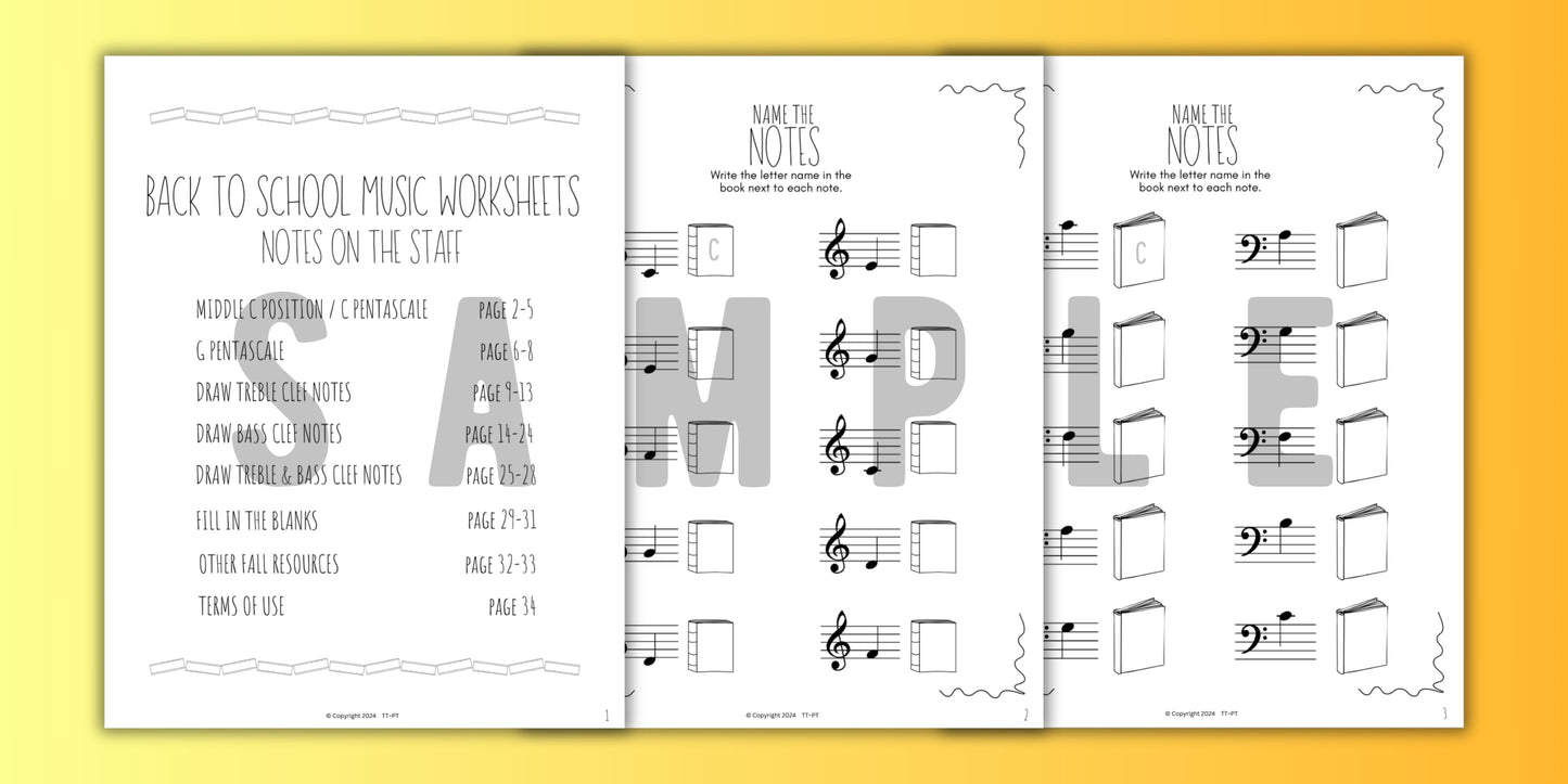 Back to School NOTE NAMING Music Worksheets