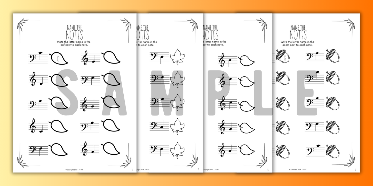 Fall NOTE NAMING Music Worksheets
