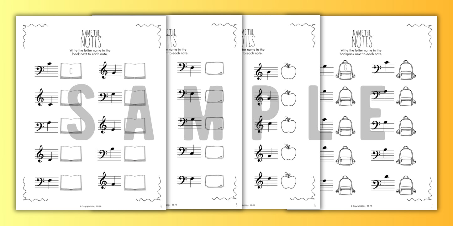 Back to School NOTE NAMING Music Worksheets