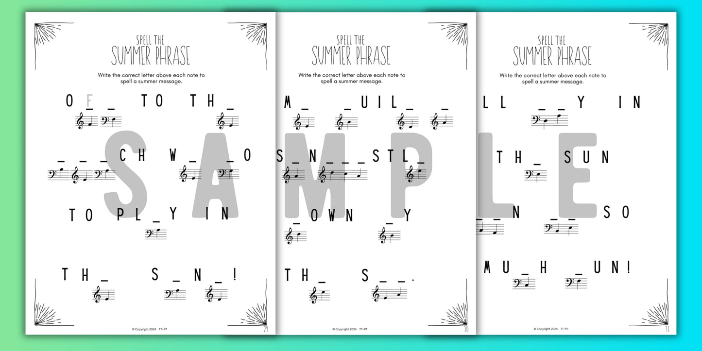 Summer NOTE NAMING Music Worksheets
