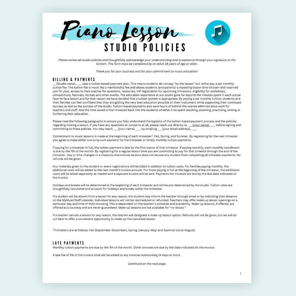 Piano Studio Policies Template