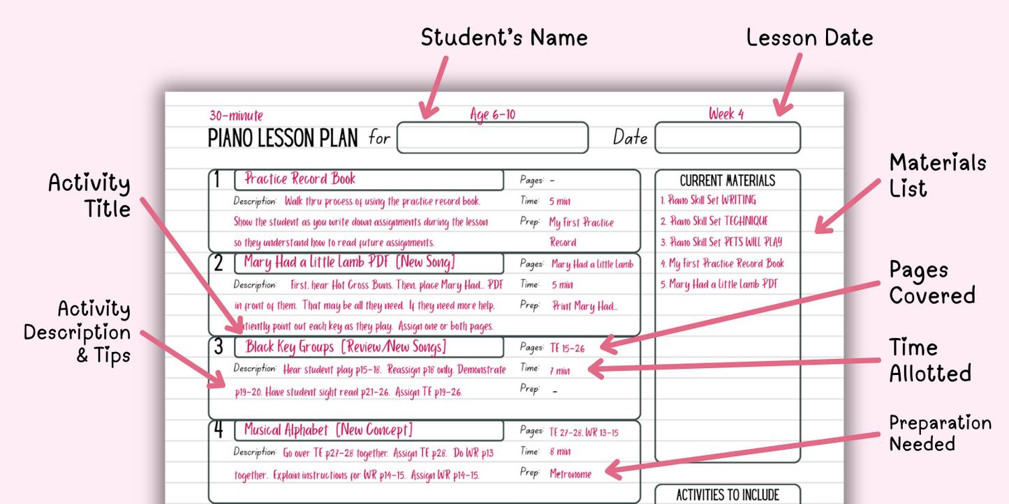 Piano Skill Set Lesson Plans