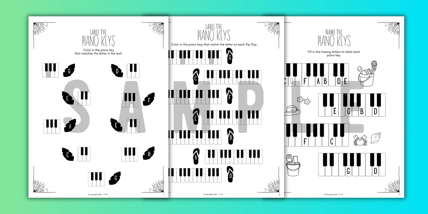 Summer PIANO KEYS Music Worksheets