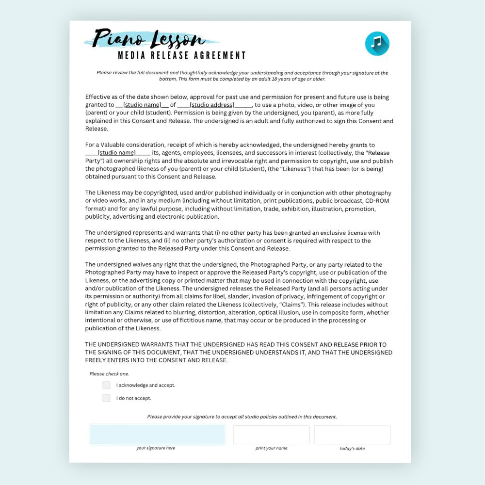 Piano Studio Policies Template