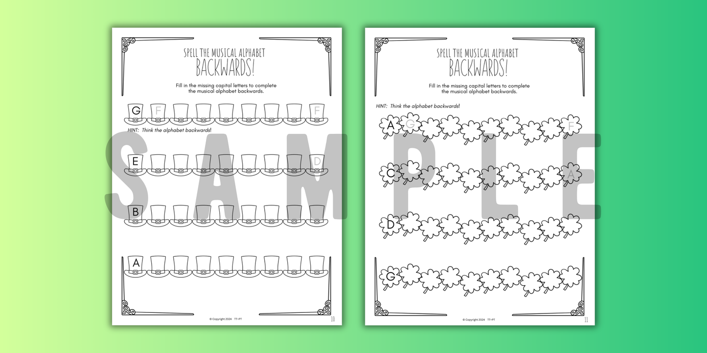 St. Patrick's Day MUSICAL ALPHABET Music Worksheets