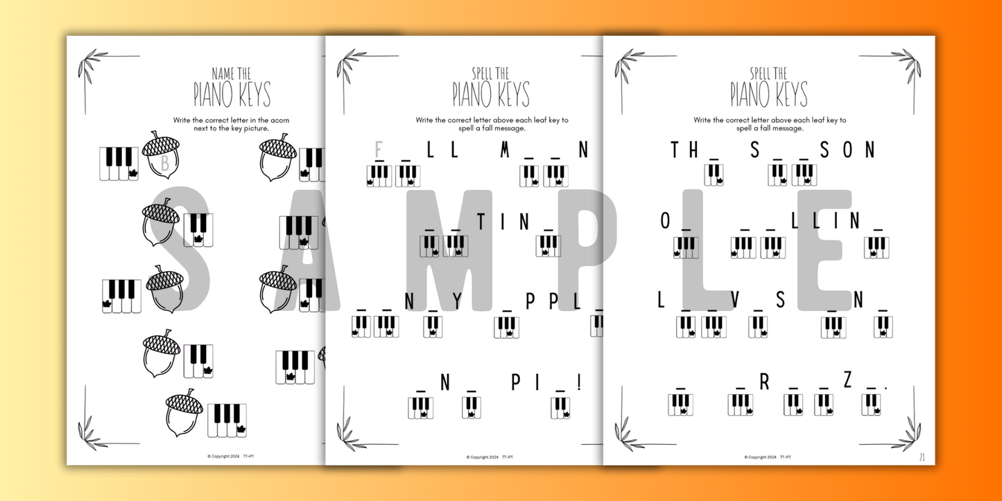 Fall PIANO KEYS Music Worksheets