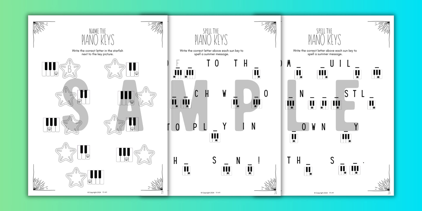 Summer PIANO KEYS Music Worksheets