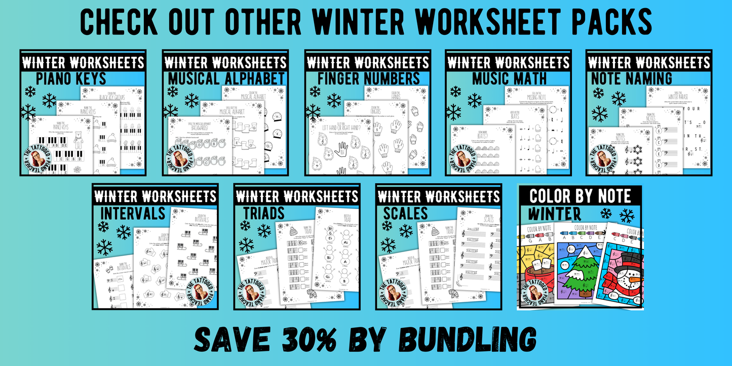 Winter PIANO KEYS Music Worksheets