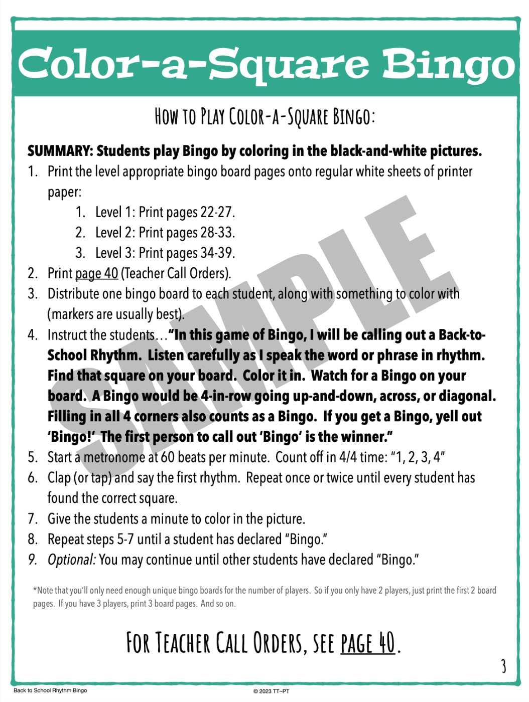Back to School Rhythm Bingo