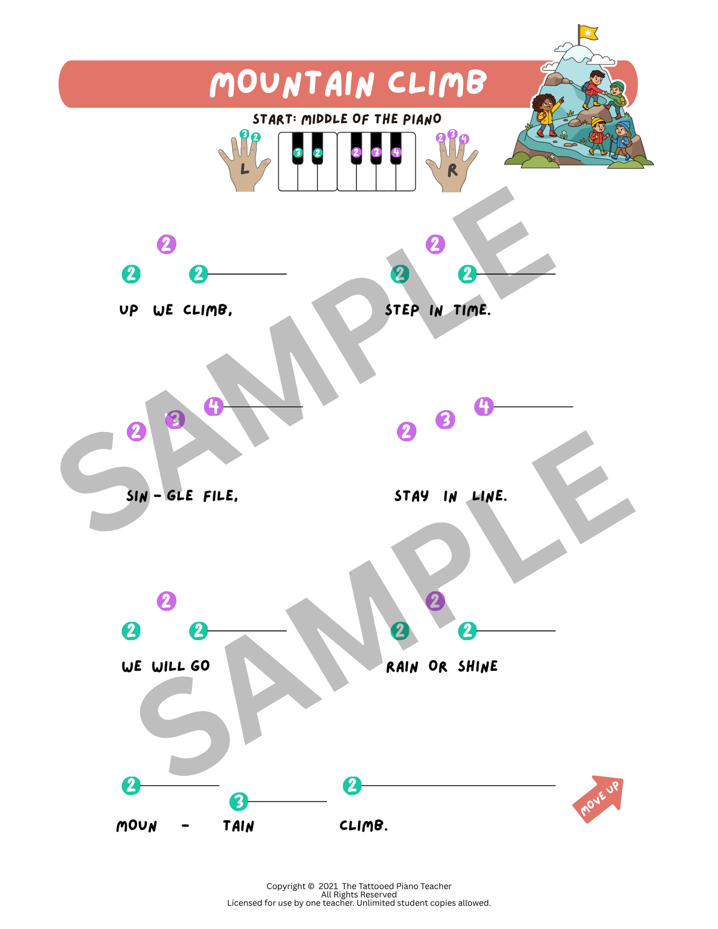 Mountain Climb - Very Early Elementary Piano Solo Sheet Music & Activity (Pre-Reading)