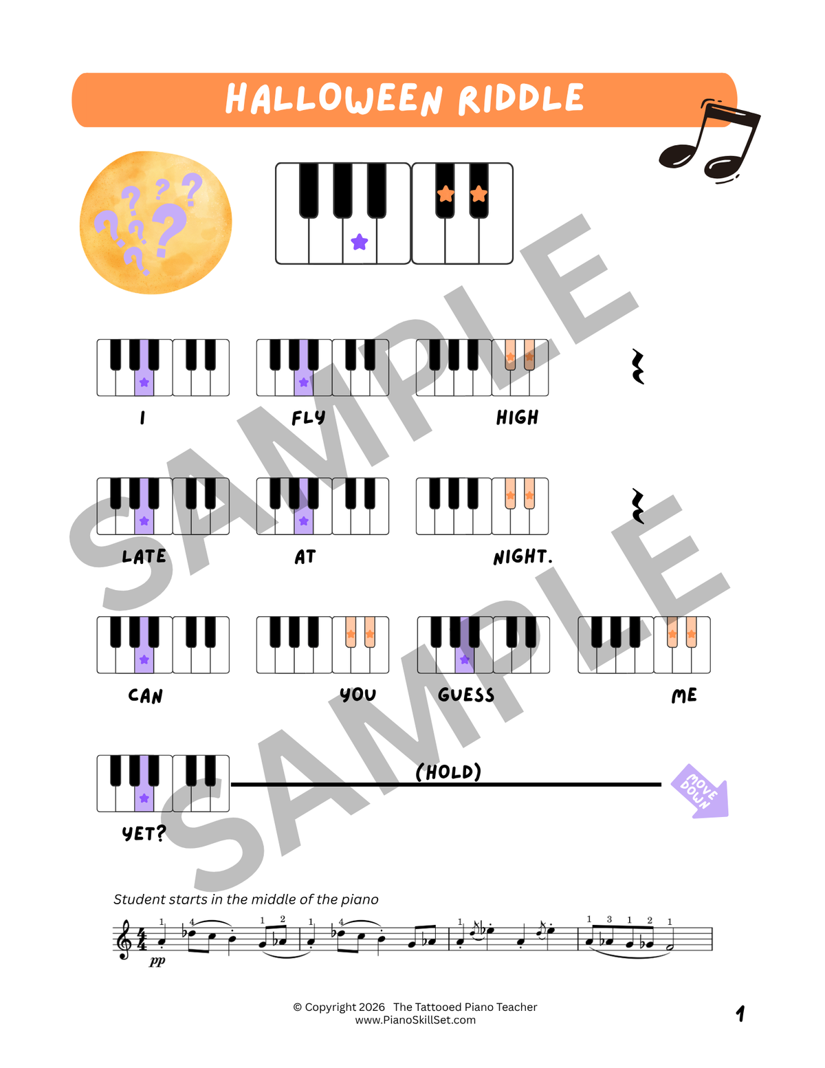 Halloween Riddle - Very Early Elementary Piano Solo Sheet Music & Activity (Pre-Reading)