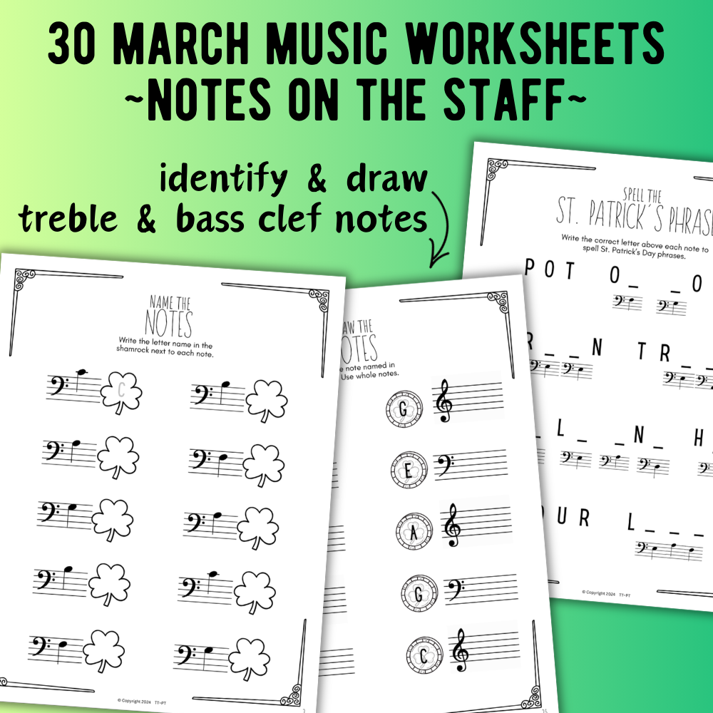 St. Patrick's Day NOTE NAMING Music Worksheets
