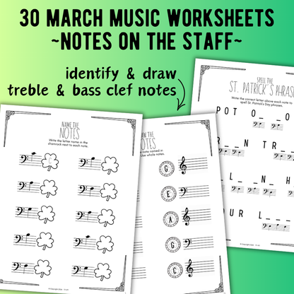 St. Patrick's Day NOTE NAMING Music Worksheets