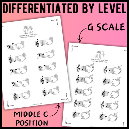 Valentine's Day NOTE NAMING Music Worksheets