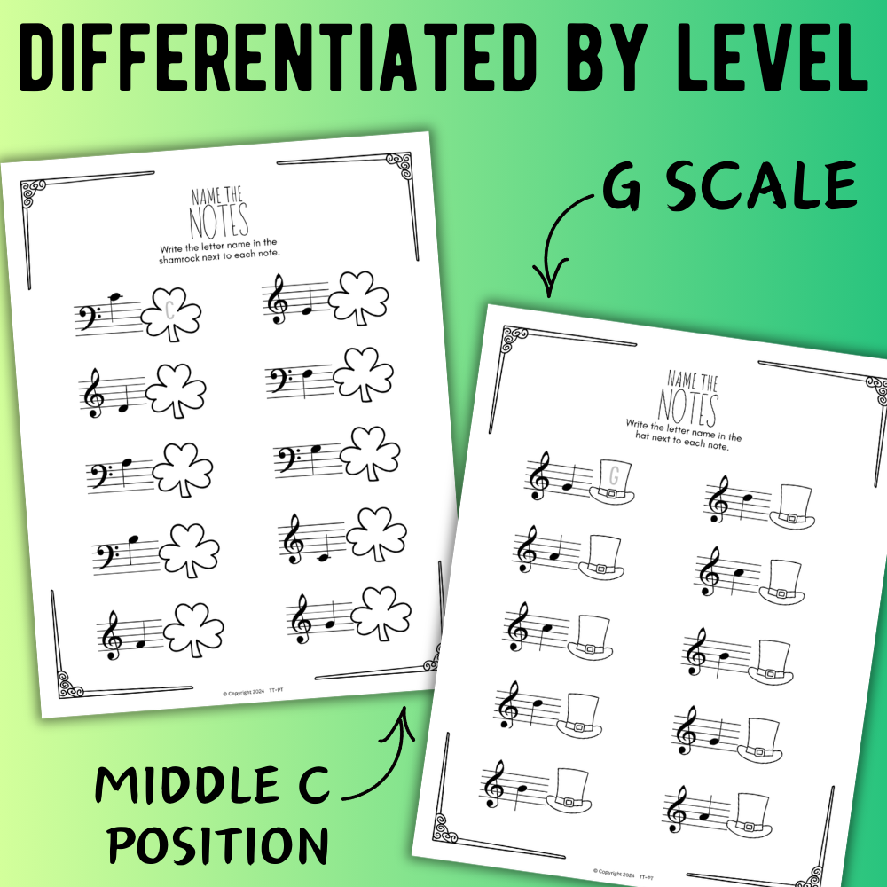 St. Patrick's Day NOTE NAMING Music Worksheets