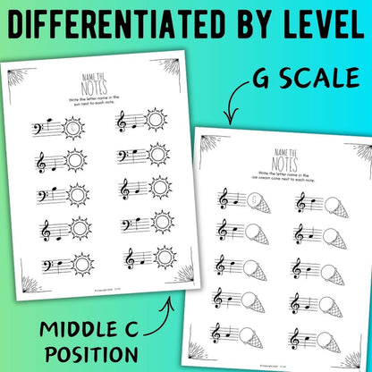 Summer NOTE NAMING Music Worksheets