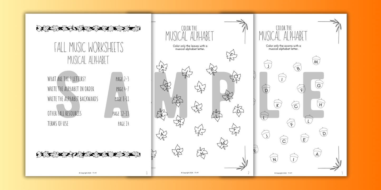 Fall MUSICAL ALPHABET Music Worksheets