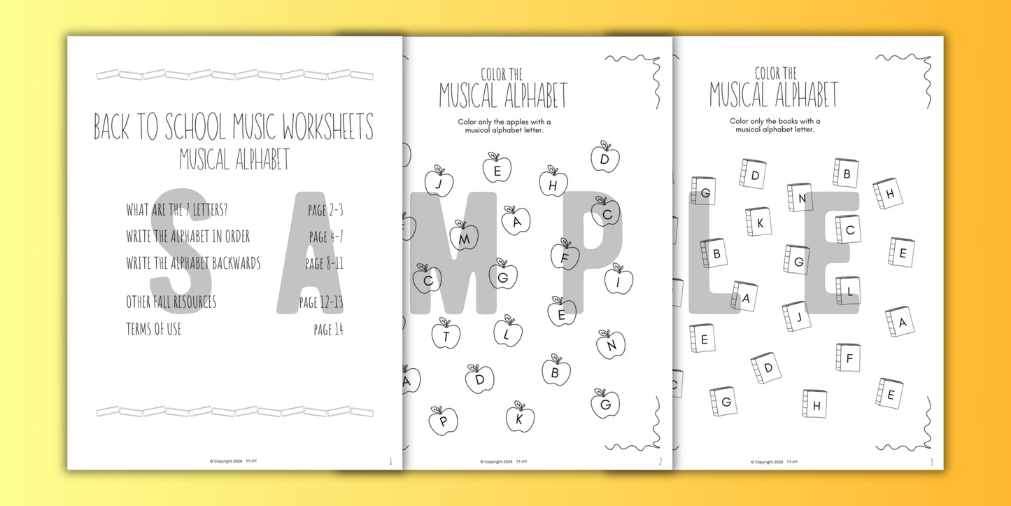 Back to School MUSICAL ALPHABET Music Worksheets