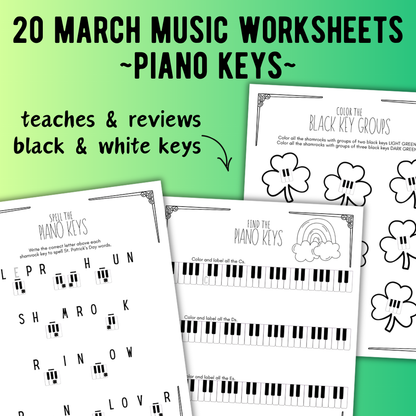 St. Patrick's Day PIANO KEYS Music Worksheets