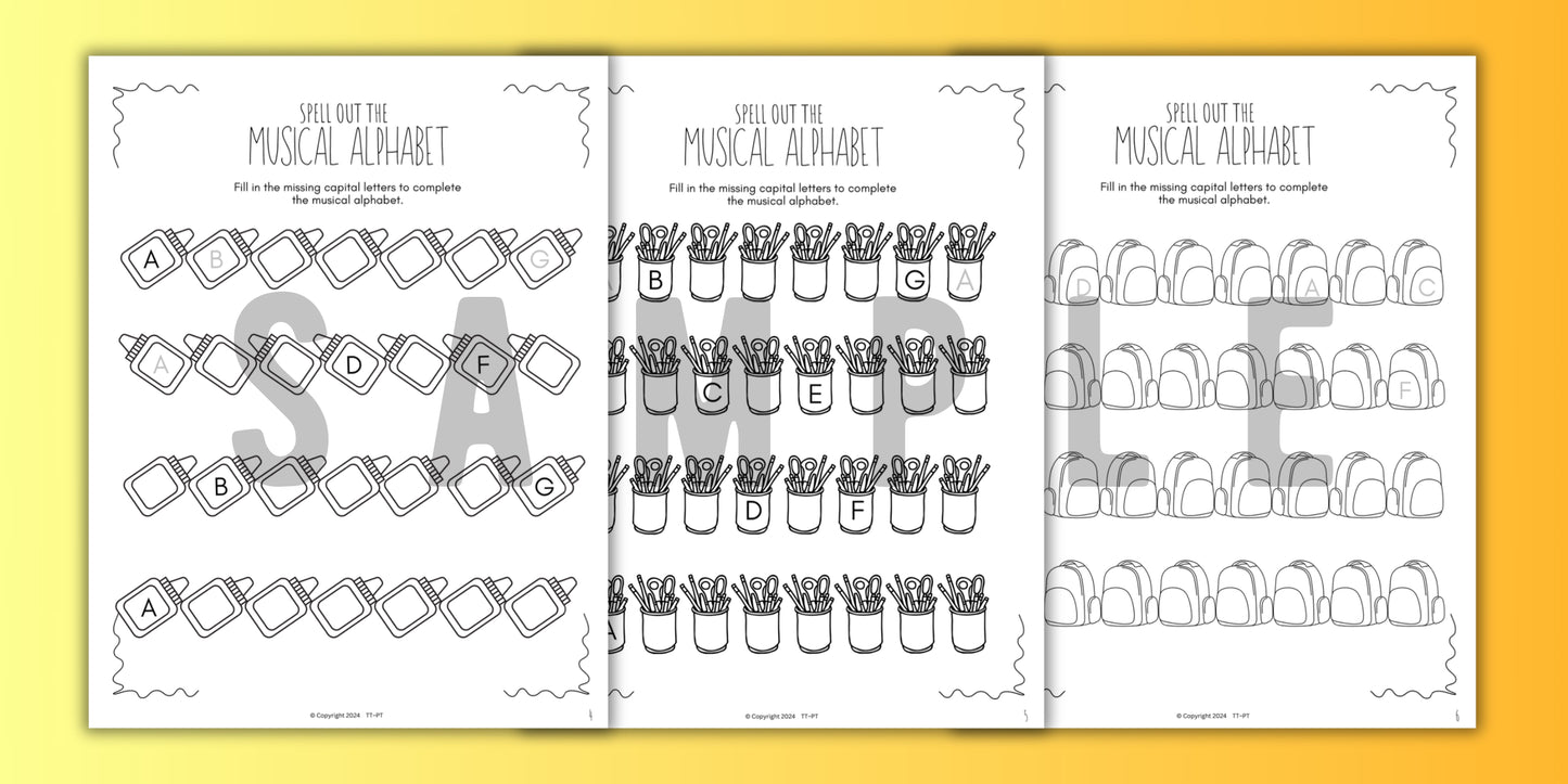 Back to School MUSICAL ALPHABET Music Worksheets