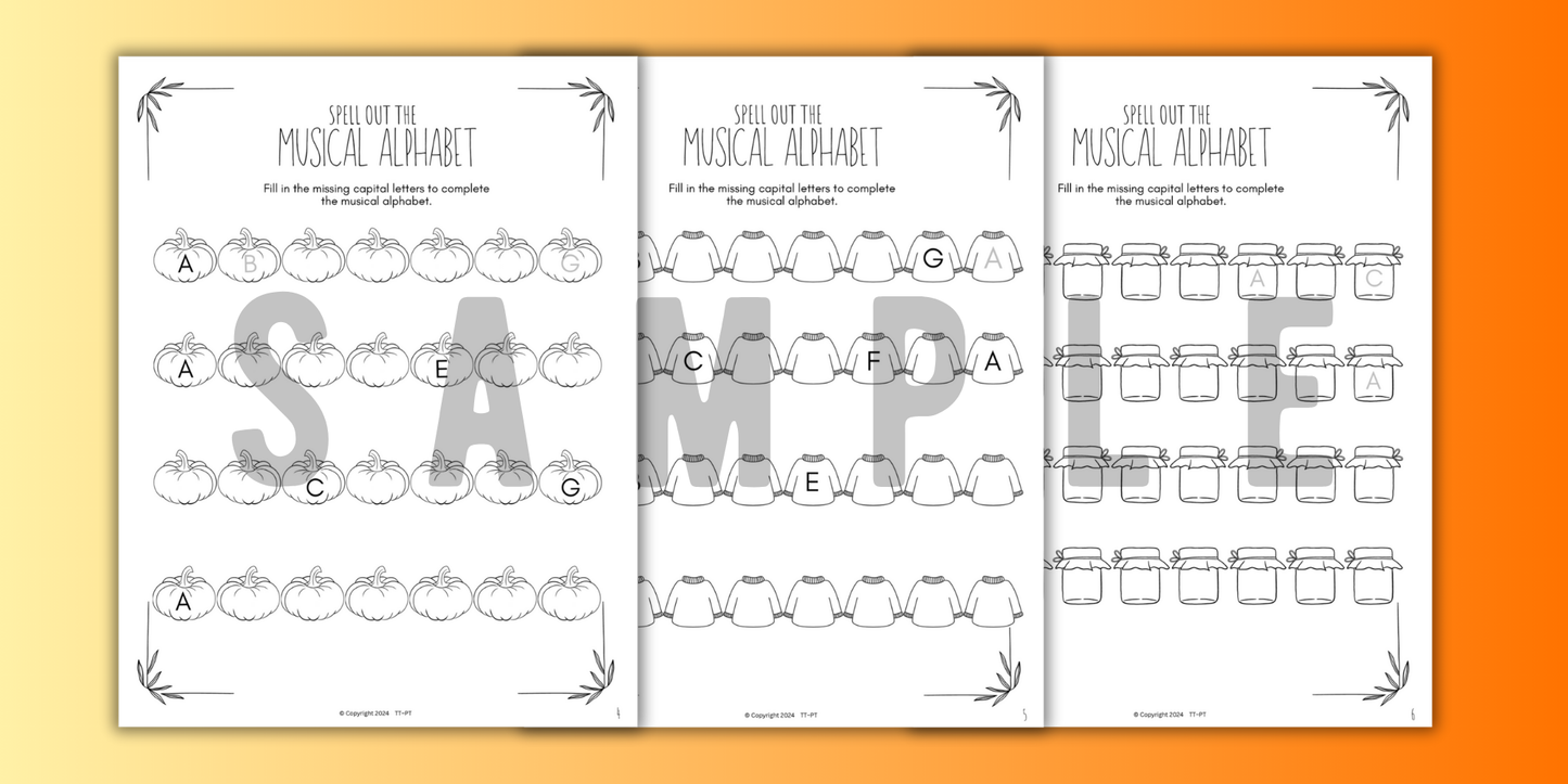 Fall MUSICAL ALPHABET Music Worksheets