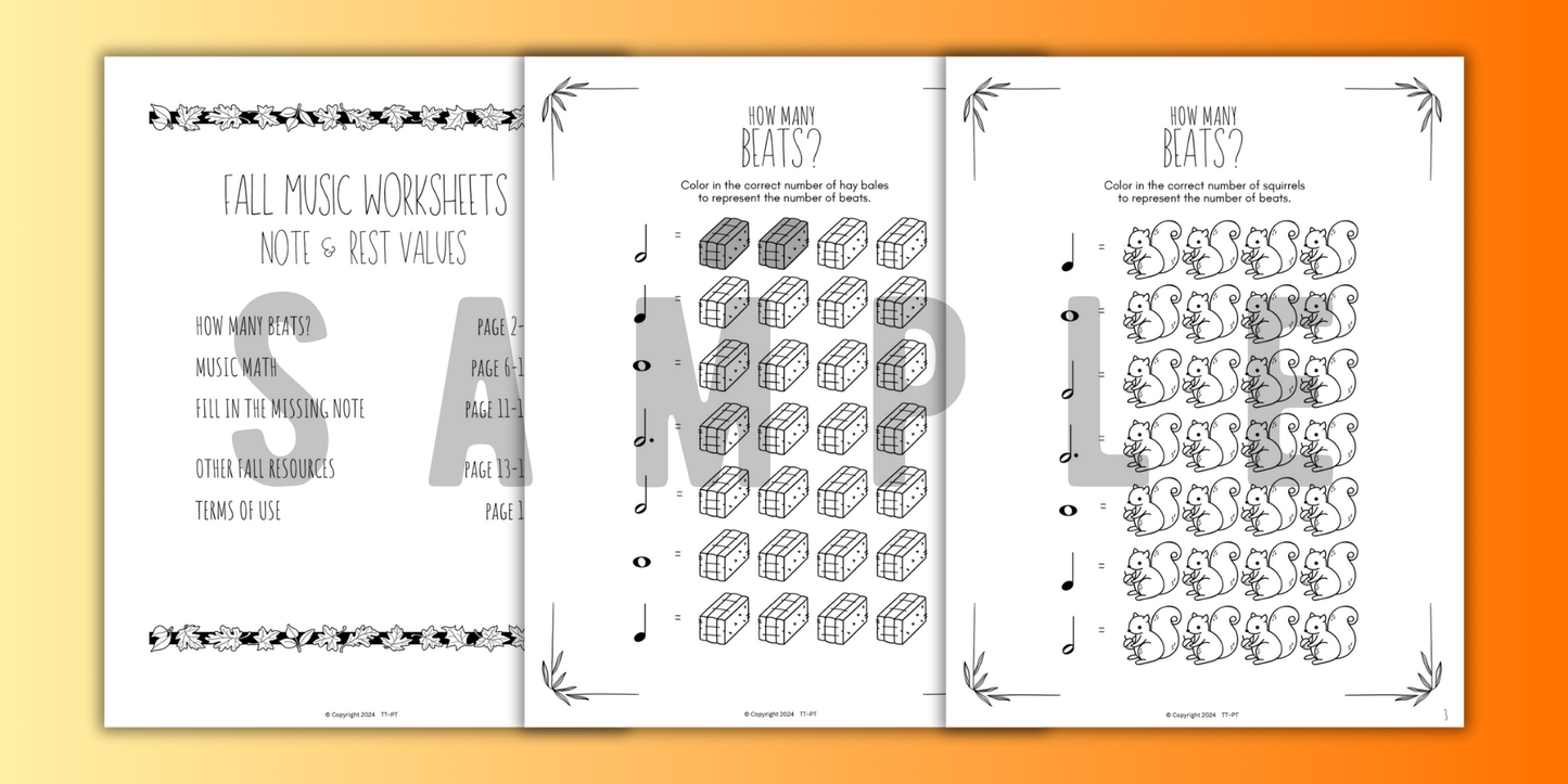 Fall MUSIC MATH Music Worksheets
