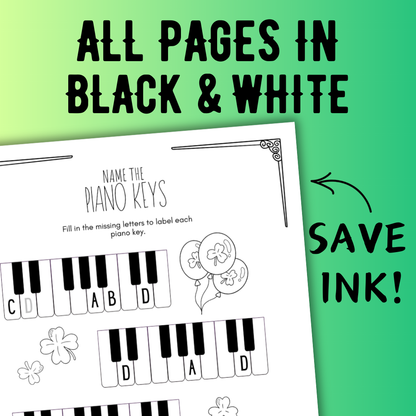 St. Patrick's Day PIANO KEYS Music Worksheets