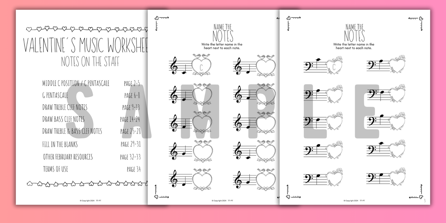 Valentine's Day NOTE NAMING Music Worksheets