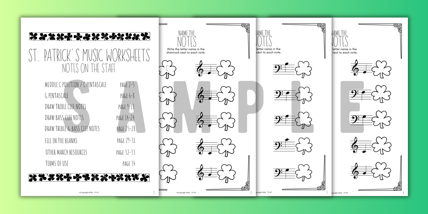 St. Patrick's Day NOTE NAMING Music Worksheets