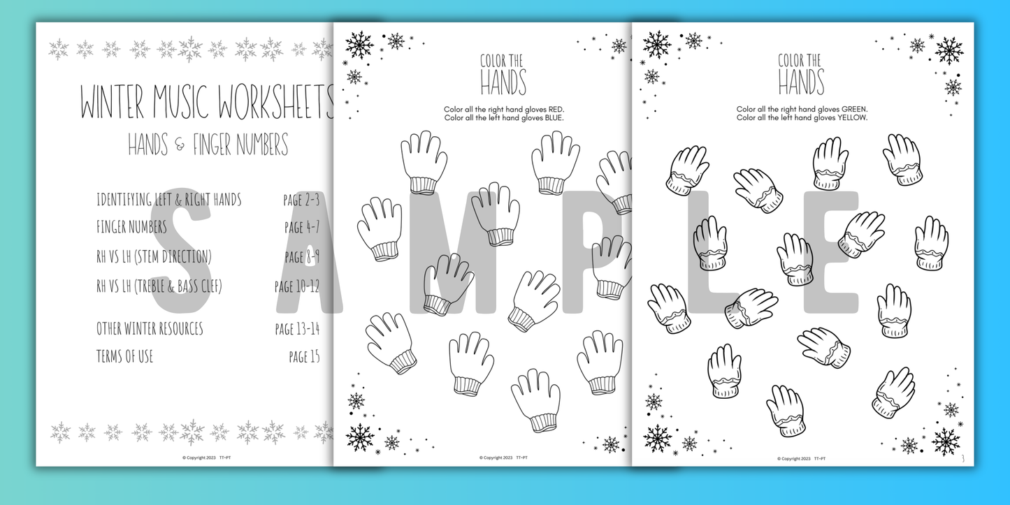 Winter FINGER NUMBERS Music Worksheets