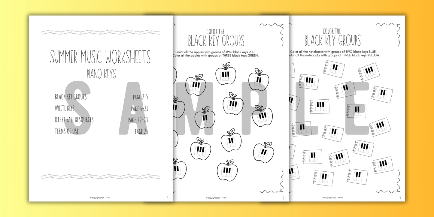 Back to School PIANO KEYS Music Worksheets
