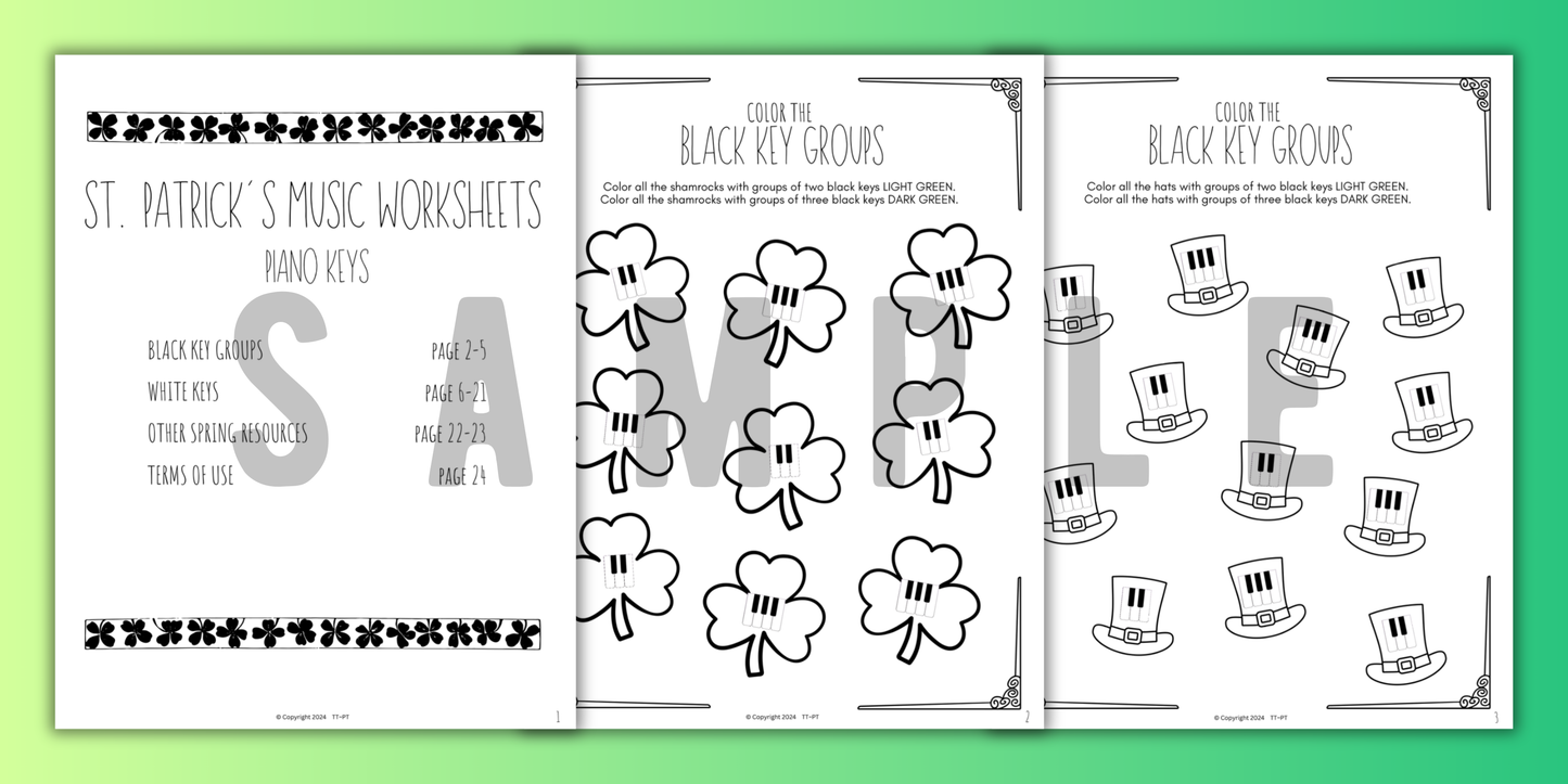 St. Patrick's Day PIANO KEYS Music Worksheets