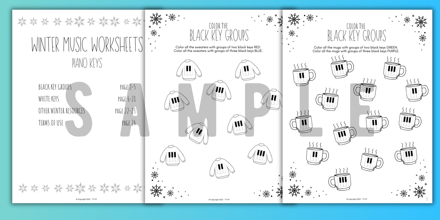 Winter PIANO KEYS Music Worksheets